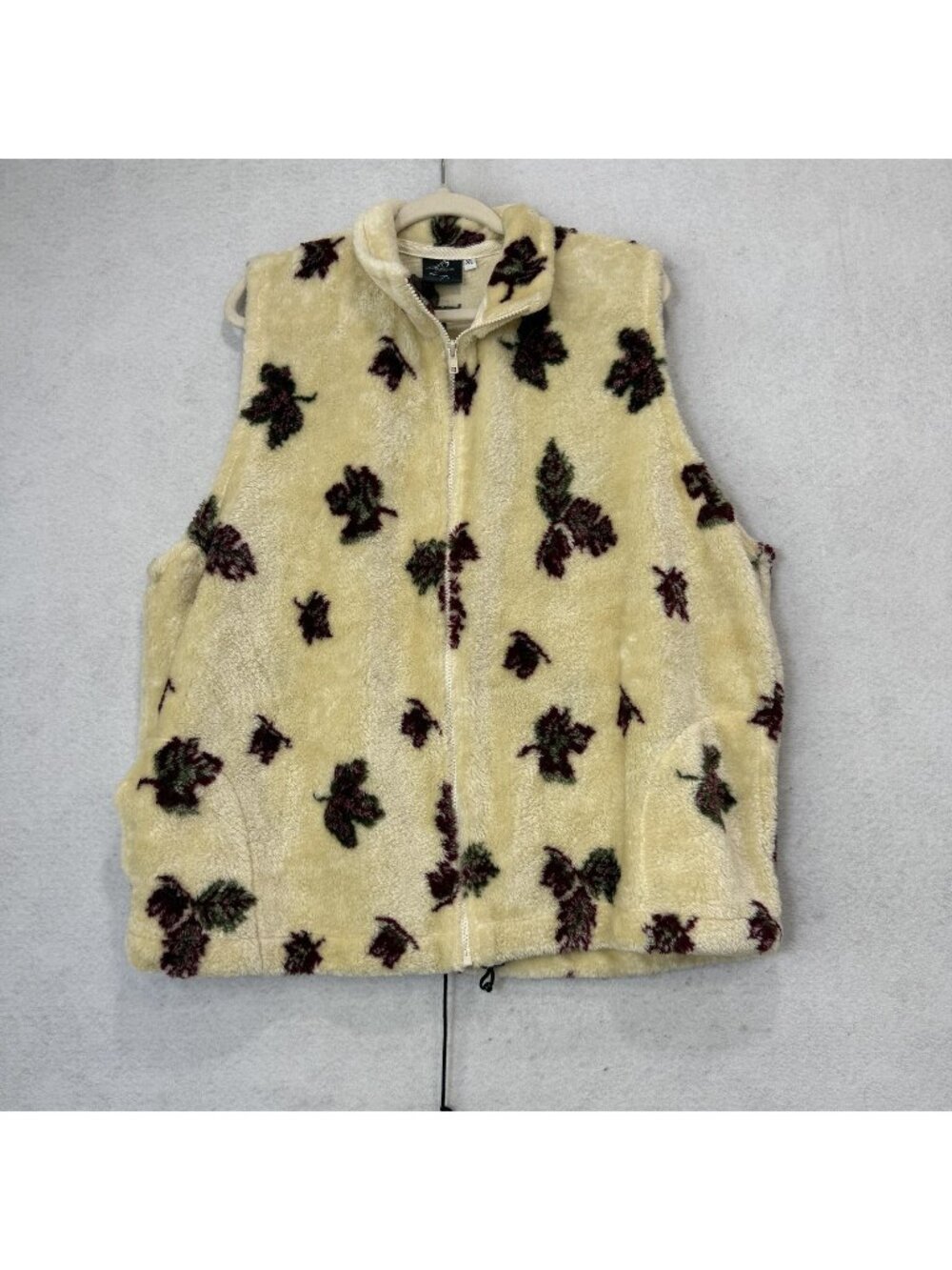 Silver Threads Vest Womens XL Beige Fuzzy Fleece Leaf Print Zip Pockets Outdoor